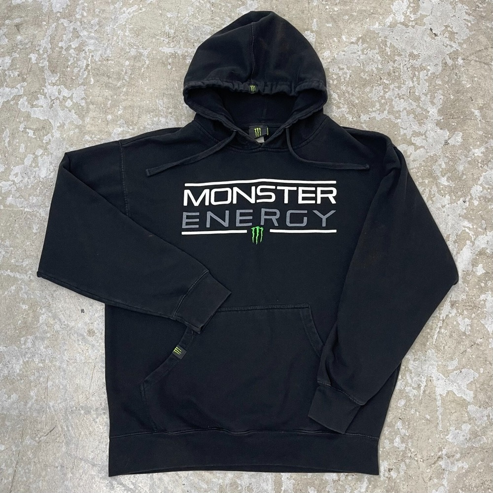 Monster Energy Hoodie Mens Large Black Pullover Logo Spell-Out Y2K Skater